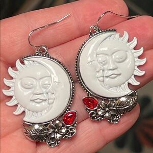 Celestial Sun and Moon Face Faux Garnet Silver Dangle Earrings